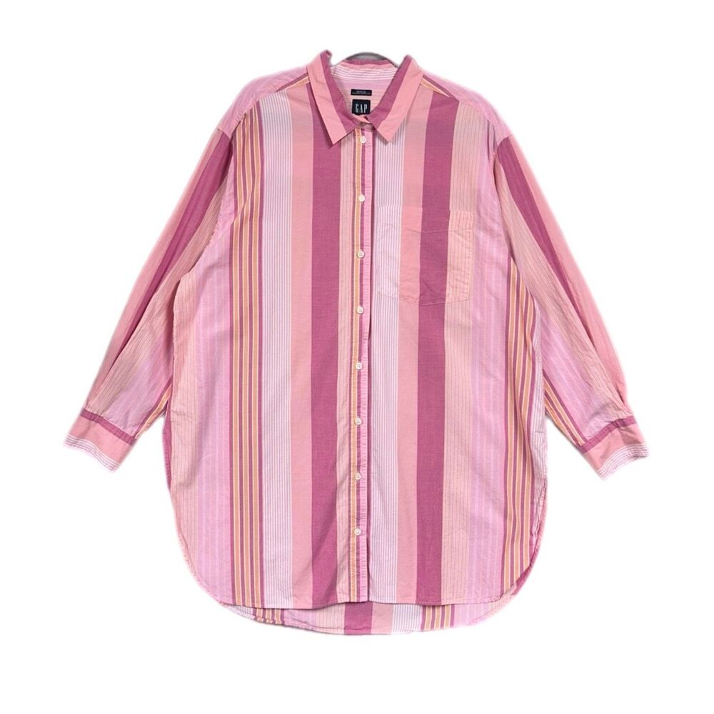 Gap Weekend Tunic Organic Cotton Striped Button Up Top Pink